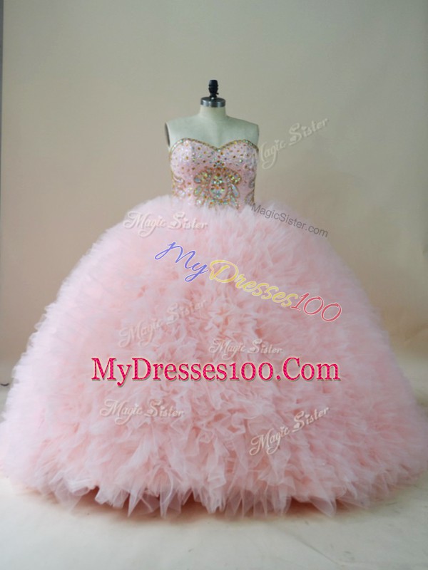 Exceptional Baby Pink Lace Up Wedding Party Dress Beading and Ruffles Sleeveless Brush Train