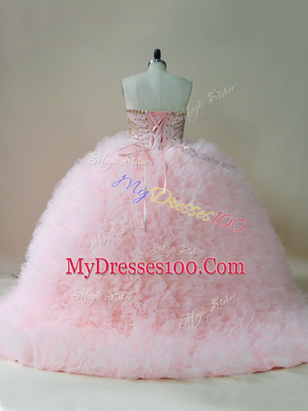 Exceptional Baby Pink Lace Up Wedding Party Dress Beading and Ruffles Sleeveless Brush Train