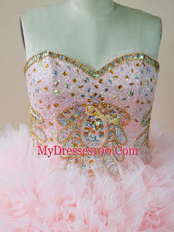 Exceptional Baby Pink Lace Up Wedding Party Dress Beading and Ruffles Sleeveless Brush Train