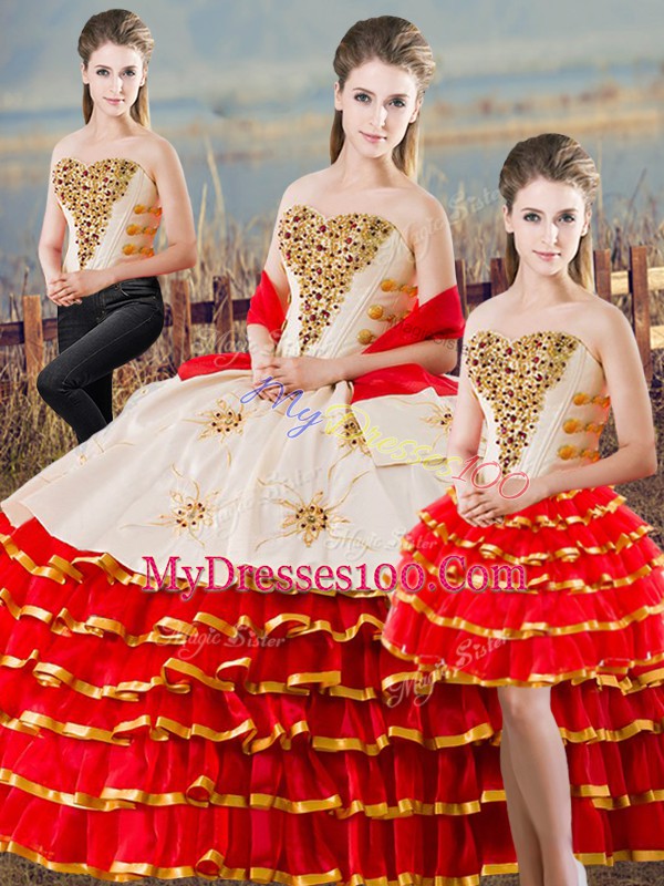 Nice Sweetheart Sleeveless Quinceanera Dresses Floor Length Beading and Ruffled Layers White And Red Satin