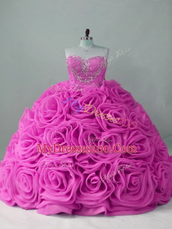 Discount Lilac Lace Up Sweetheart Beading Quinceanera Gown Fabric With Rolling Flowers Sleeveless Sweep Train