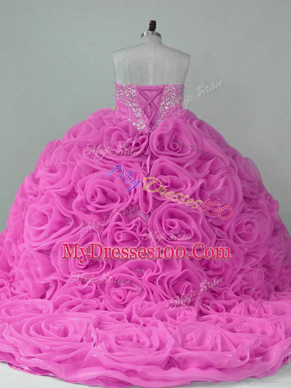 Discount Lilac Lace Up Sweetheart Beading Quinceanera Gown Fabric With Rolling Flowers Sleeveless Sweep Train