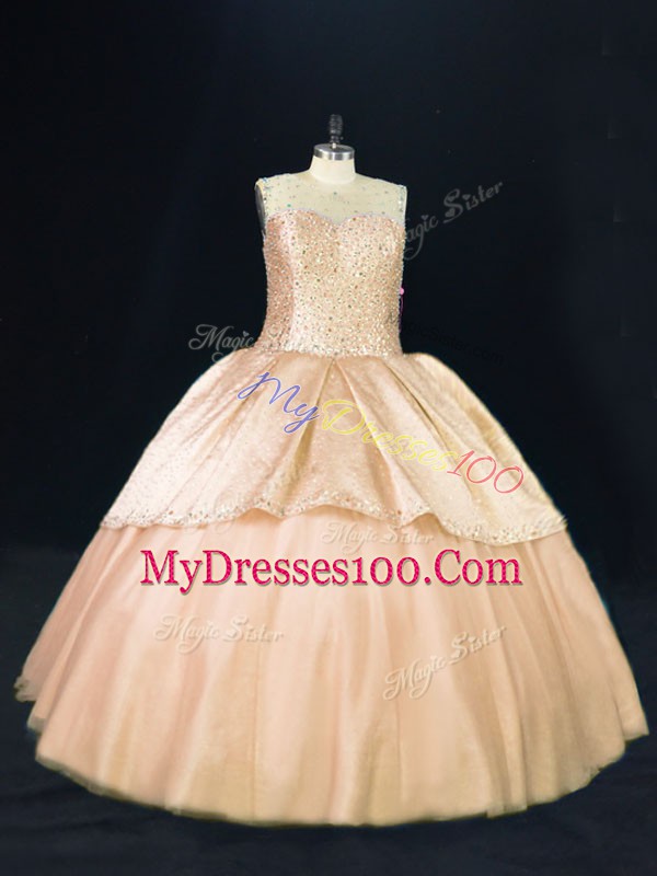 Peach Scoop Neckline Beading Sweet 16 Dress Sleeveless Lace Up