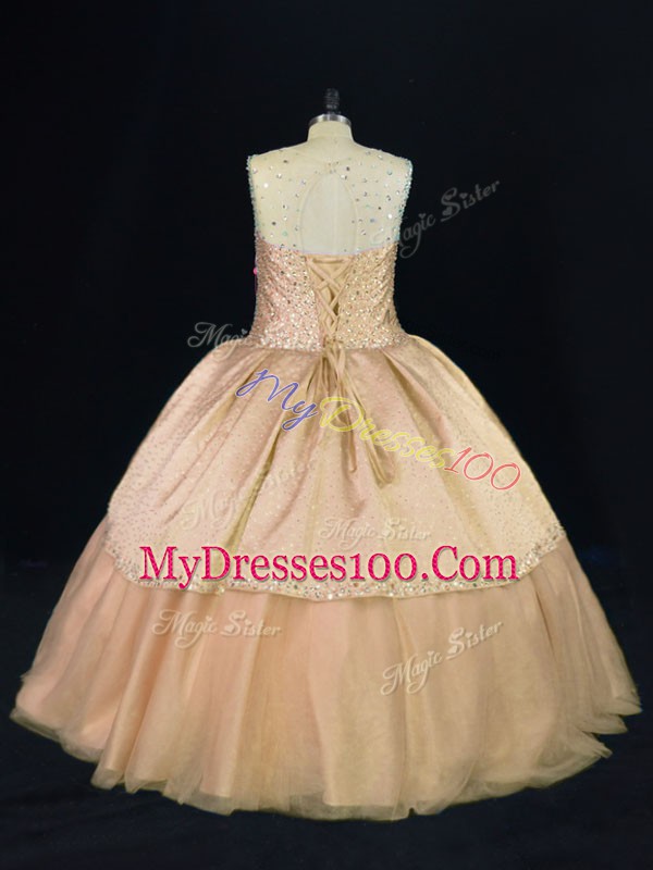Peach Scoop Neckline Beading Sweet 16 Dress Sleeveless Lace Up