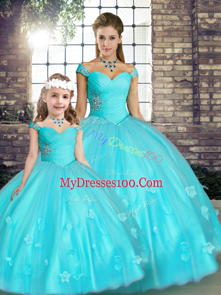 Aqua Blue Ball Gown Prom Dress Military Ball and Sweet 16 and Quinceanera with Beading and Appliques Off The Shoulder Sleeveless Lace Up