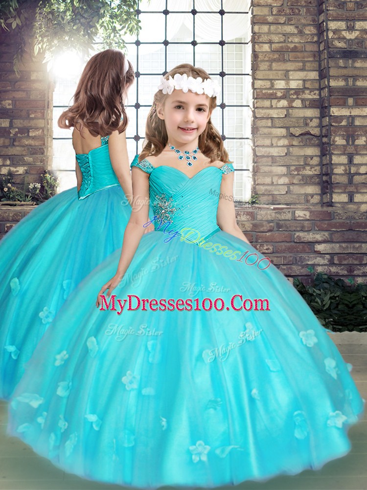Aqua Blue Ball Gown Prom Dress Military Ball and Sweet 16 and Quinceanera with Beading and Appliques Off The Shoulder Sleeveless Lace Up