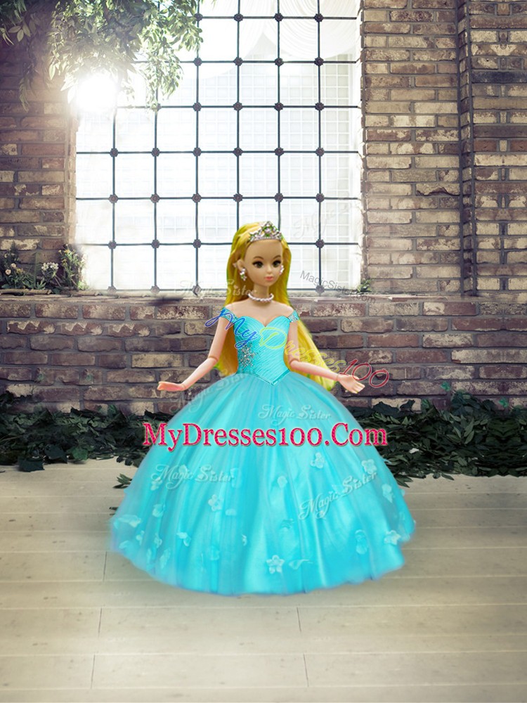 Aqua Blue Ball Gown Prom Dress Military Ball and Sweet 16 and Quinceanera with Beading and Appliques Off The Shoulder Sleeveless Lace Up