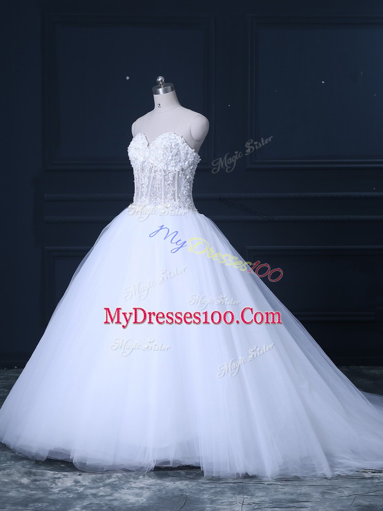 Sleeveless Brush Train Lace Up Beading Bridal Gown