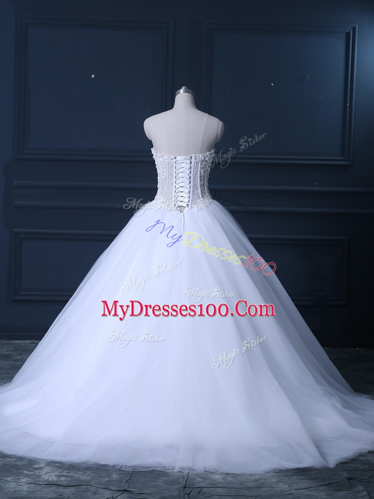 Sleeveless Brush Train Lace Up Beading Bridal Gown
