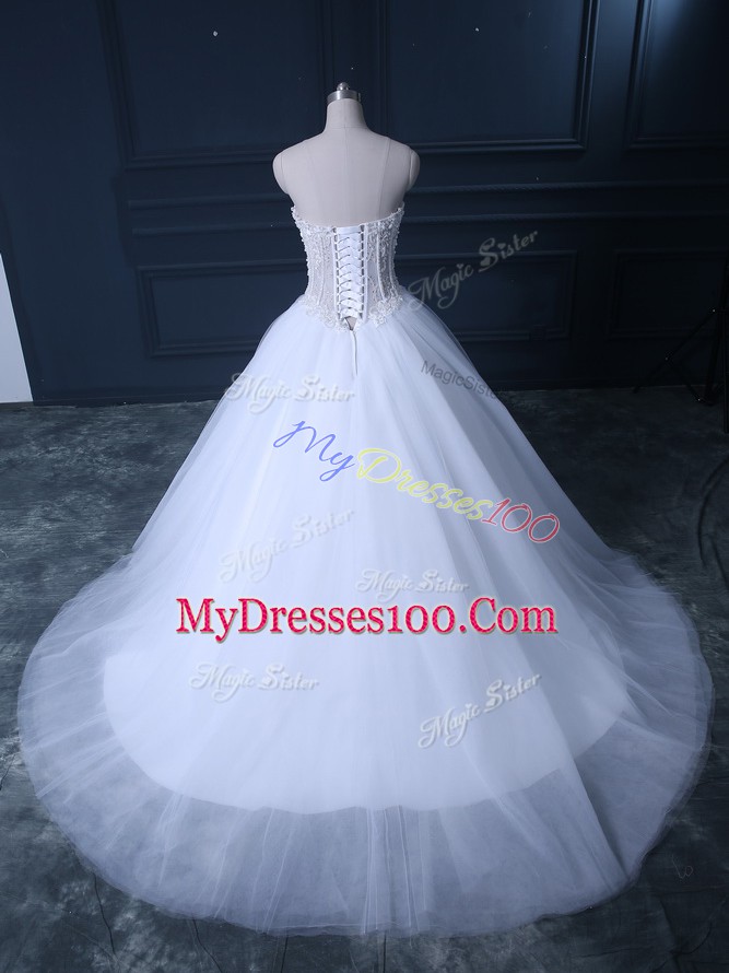 Sleeveless Brush Train Lace Up Beading Bridal Gown