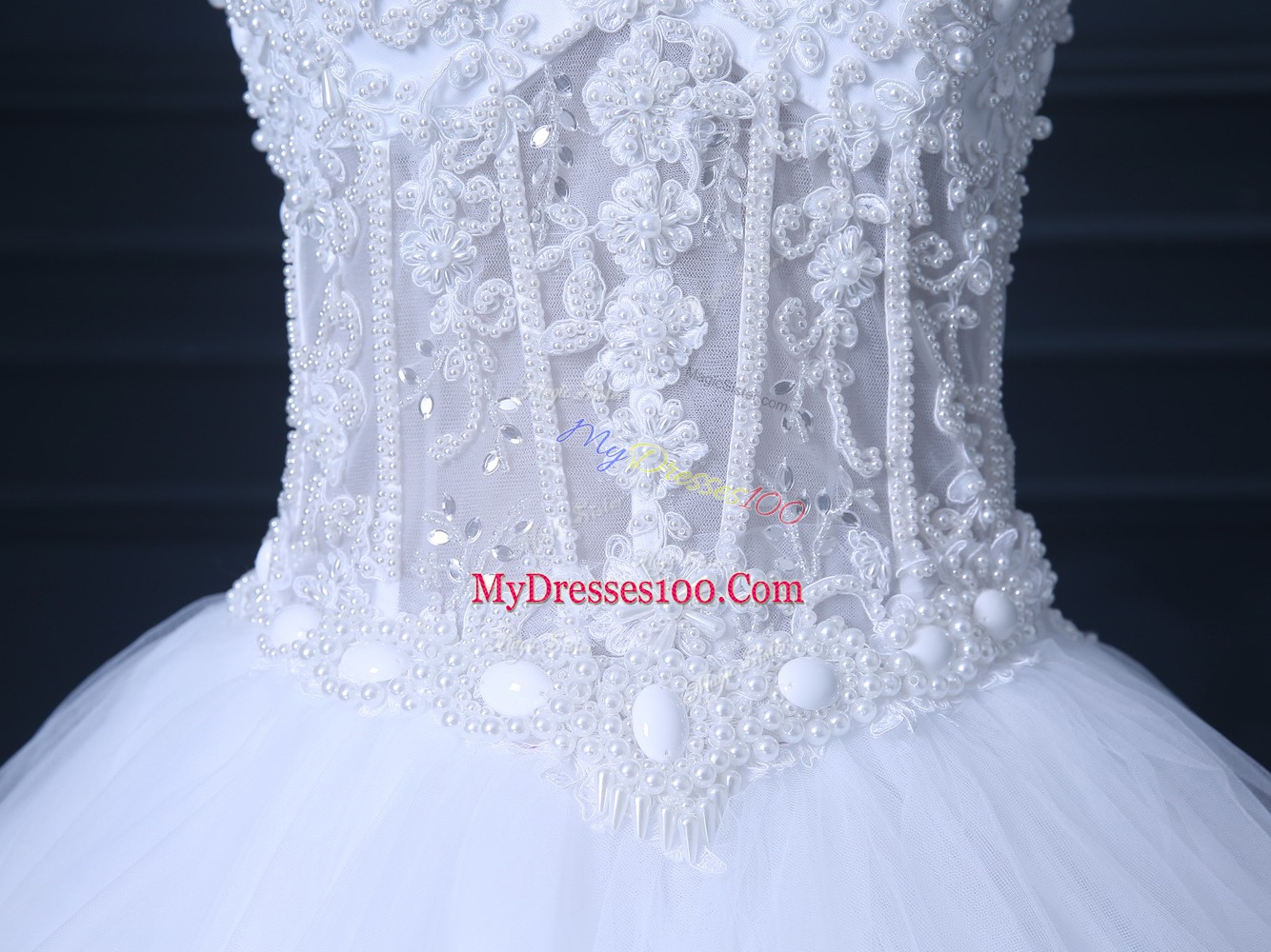Sleeveless Brush Train Lace Up Beading Bridal Gown