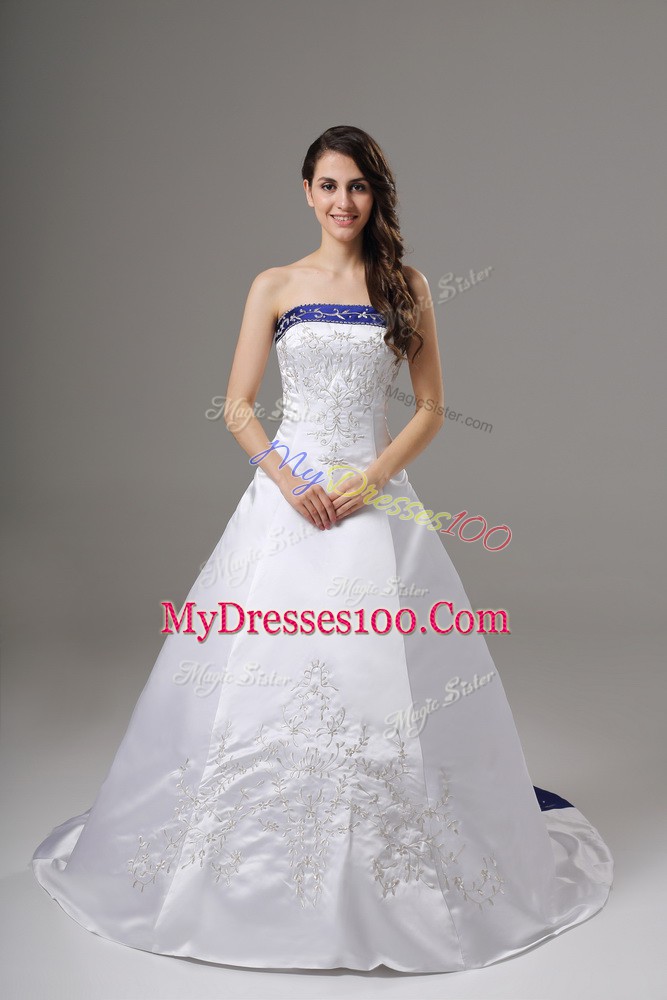 Nice White Ball Gowns Strapless Sleeveless Satin Brush Train Lace Up Beading and Embroidery Wedding Dresses