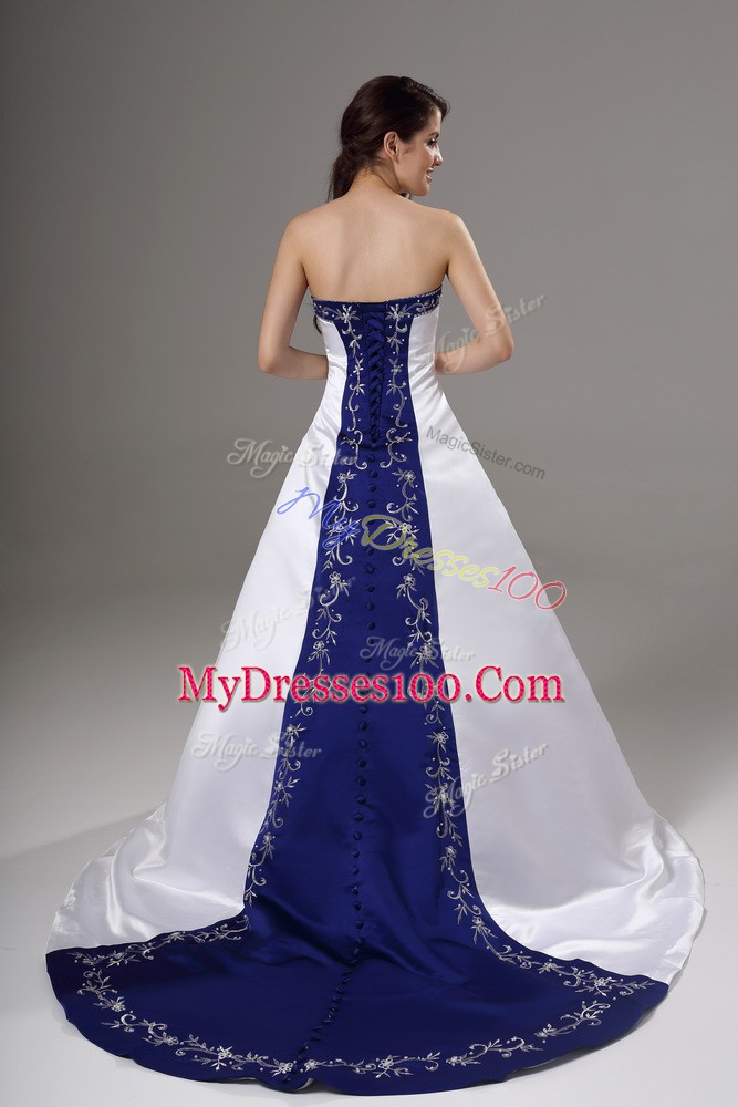 Nice White Ball Gowns Strapless Sleeveless Satin Brush Train Lace Up Beading and Embroidery Wedding Dresses