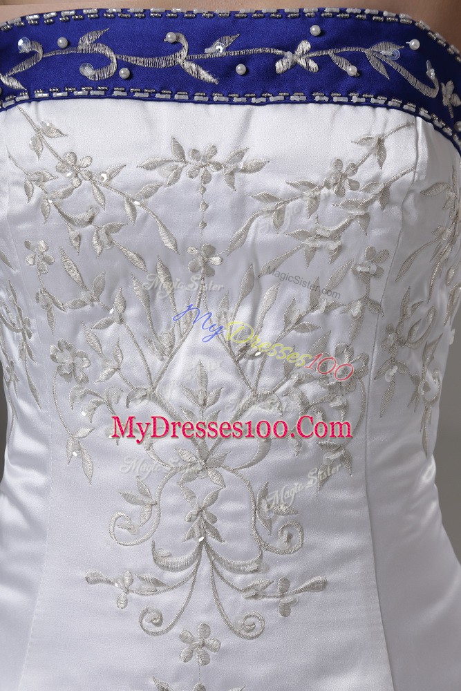 Nice White Ball Gowns Strapless Sleeveless Satin Brush Train Lace Up Beading and Embroidery Wedding Dresses