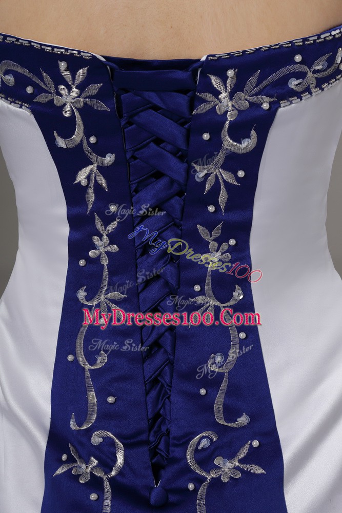 Nice White Ball Gowns Strapless Sleeveless Satin Brush Train Lace Up Beading and Embroidery Wedding Dresses
