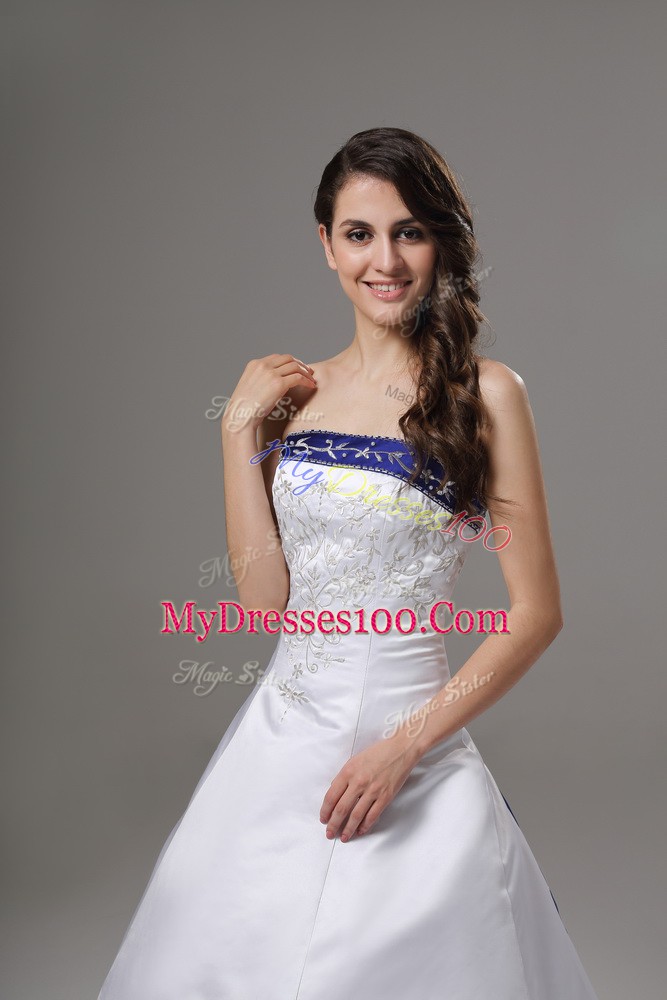 Nice White Ball Gowns Strapless Sleeveless Satin Brush Train Lace Up Beading and Embroidery Wedding Dresses