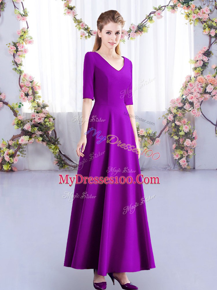 Eggplant Purple Satin Zipper Bridesmaid Gown Half Sleeves Ankle Length Ruching