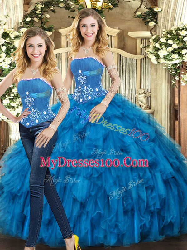 Fabulous Blue Tulle Lace Up Strapless Sleeveless Floor Length 15th Birthday Dress Beading and Ruffles