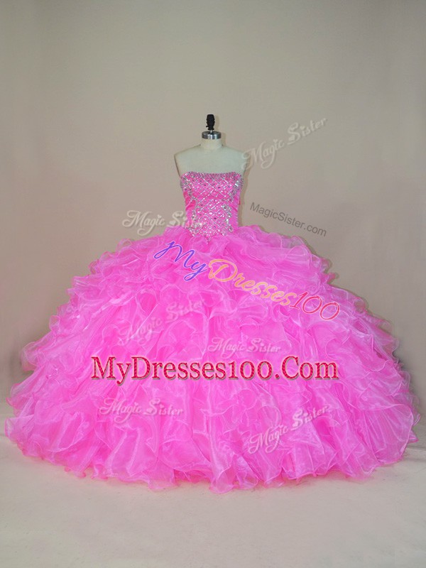 Custom Design Pink Lace Up Strapless Beading and Ruffles Quinceanera Dresses Organza Sleeveless