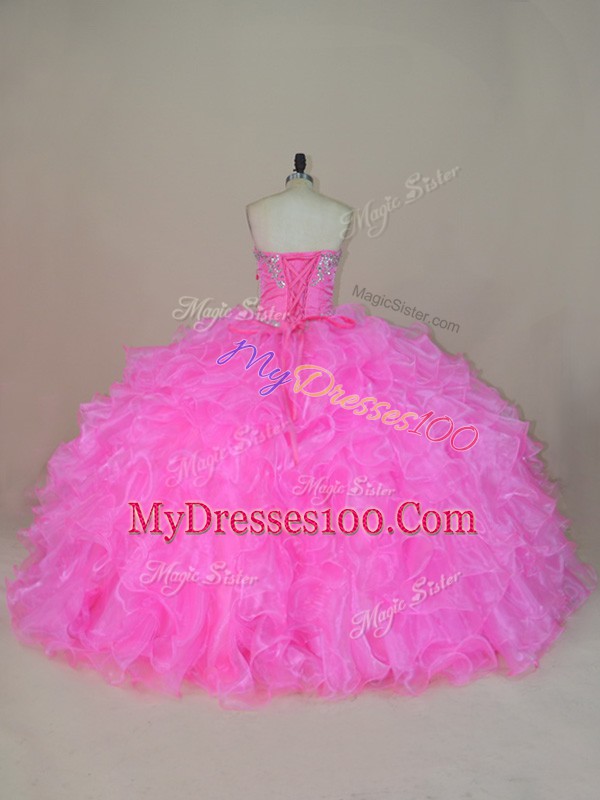 Custom Design Pink Lace Up Strapless Beading and Ruffles Quinceanera Dresses Organza Sleeveless
