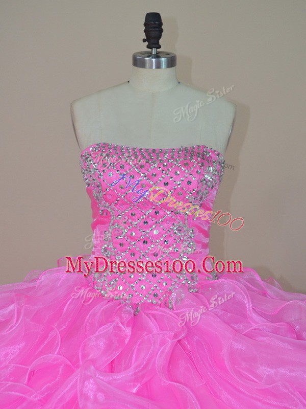 Custom Design Pink Lace Up Strapless Beading and Ruffles Quinceanera Dresses Organza Sleeveless