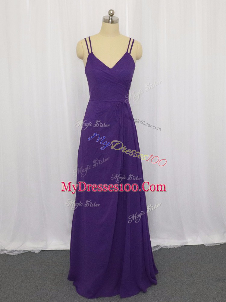 Cheap Empire Homecoming Dress Purple Straps Chiffon Sleeveless Floor Length Zipper