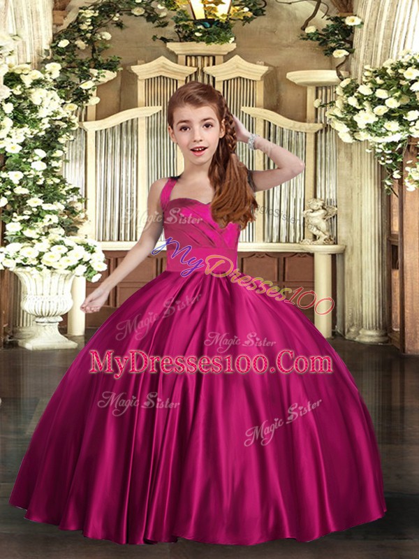 Fuchsia Sleeveless Floor Length Ruching Lace Up Little Girl Pageant Dress