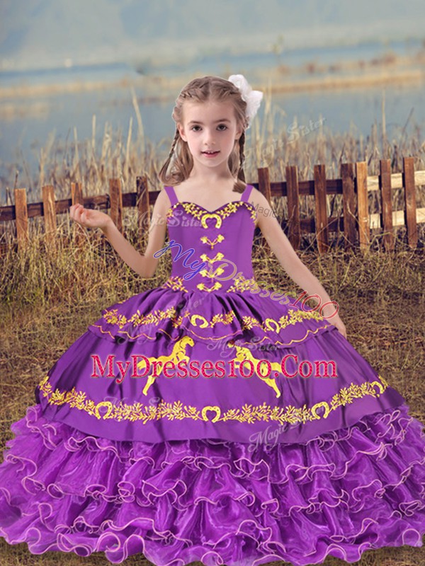 Sweet Straps Sleeveless Kids Pageant Dress Floor Length Beading and Embroidery and Ruffled Layers Eggplant Purple Organza