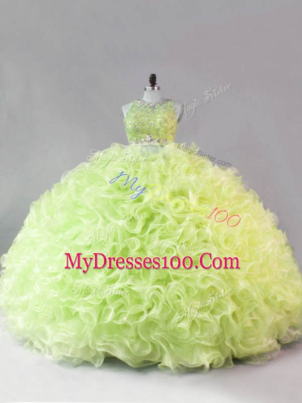 Sleeveless Fabric With Rolling Flowers Floor Length Zipper Quinceanera Dresses in Yellow Green with Beading and Ruffles