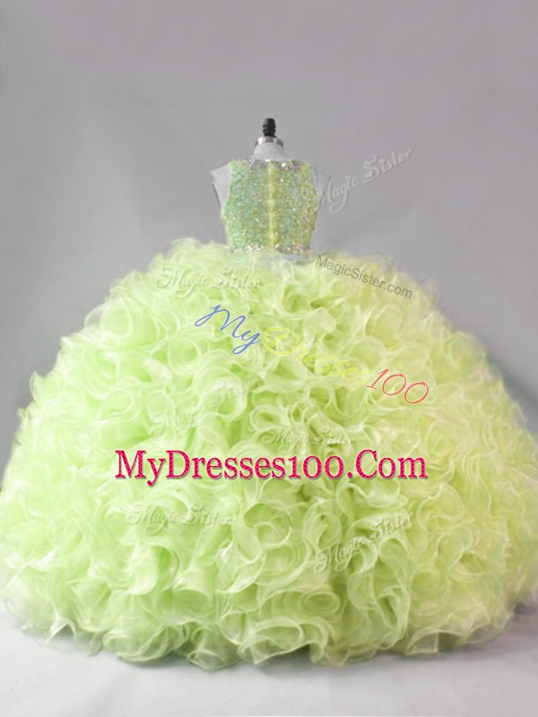 Sleeveless Fabric With Rolling Flowers Floor Length Zipper Quinceanera Dresses in Yellow Green with Beading and Ruffles