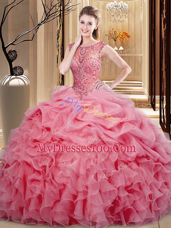 Super Floor Length Pink Quinceanera Gowns Scoop Sleeveless Lace Up