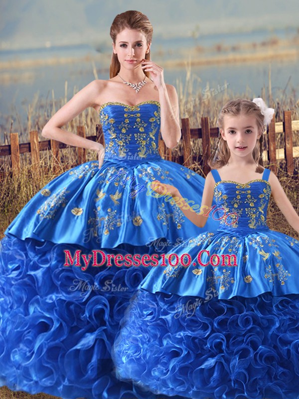 Lovely Straps Sleeveless Sweet 16 Dress Brush Train Embroidery and Ruffles Royal Blue Satin and Fabric With Rolling Flowers