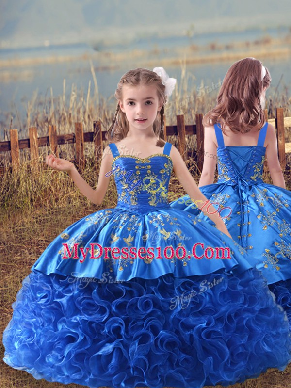 Lovely Straps Sleeveless Sweet 16 Dress Brush Train Embroidery and Ruffles Royal Blue Satin and Fabric With Rolling Flowers