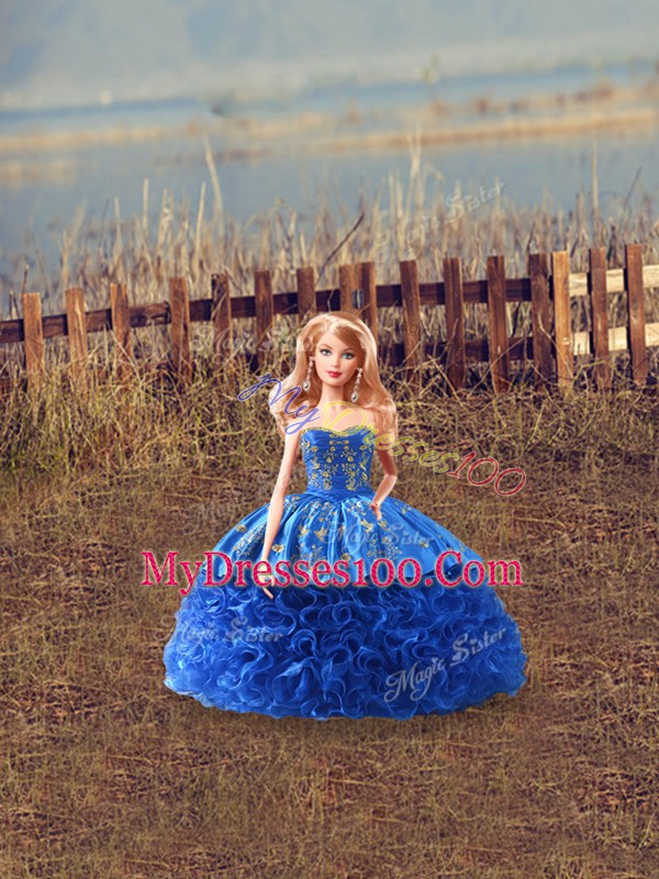 Lovely Straps Sleeveless Sweet 16 Dress Brush Train Embroidery and Ruffles Royal Blue Satin and Fabric With Rolling Flowers