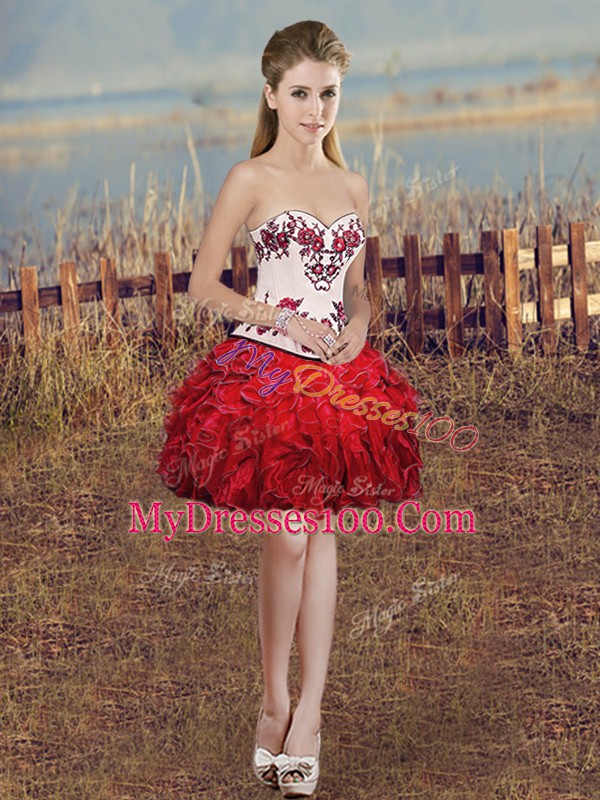 High End Floor Length Ball Gowns Sleeveless White And Red Sweet 16 Dresses Lace Up