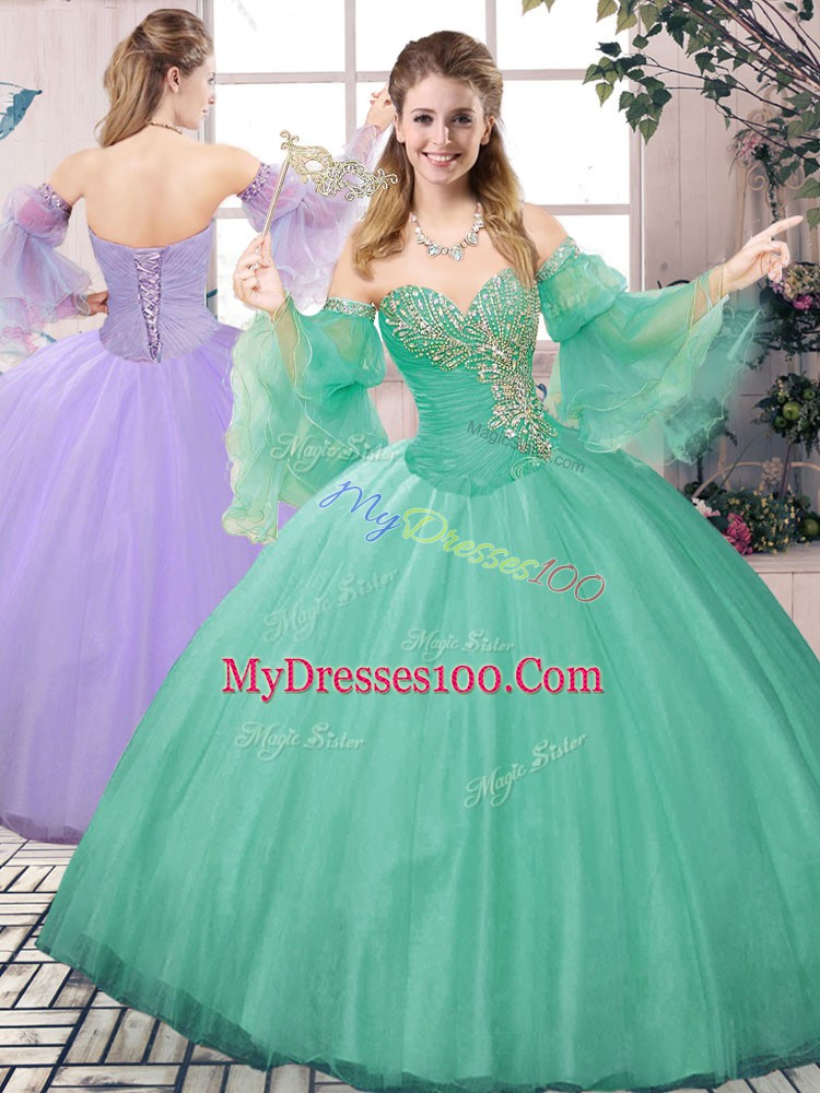 Ideal Sleeveless Tulle Floor Length Lace Up Quince Ball Gowns in Apple Green with Beading