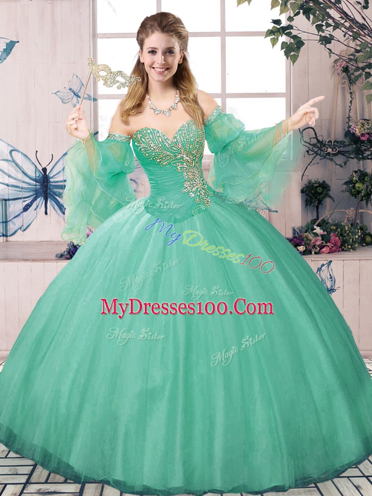 Ideal Sleeveless Tulle Floor Length Lace Up Quince Ball Gowns in Apple Green with Beading