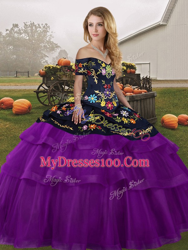 Dazzling Black And Purple Ball Gowns Embroidery and Ruffled Layers Quinceanera Dress Lace Up Tulle Sleeveless