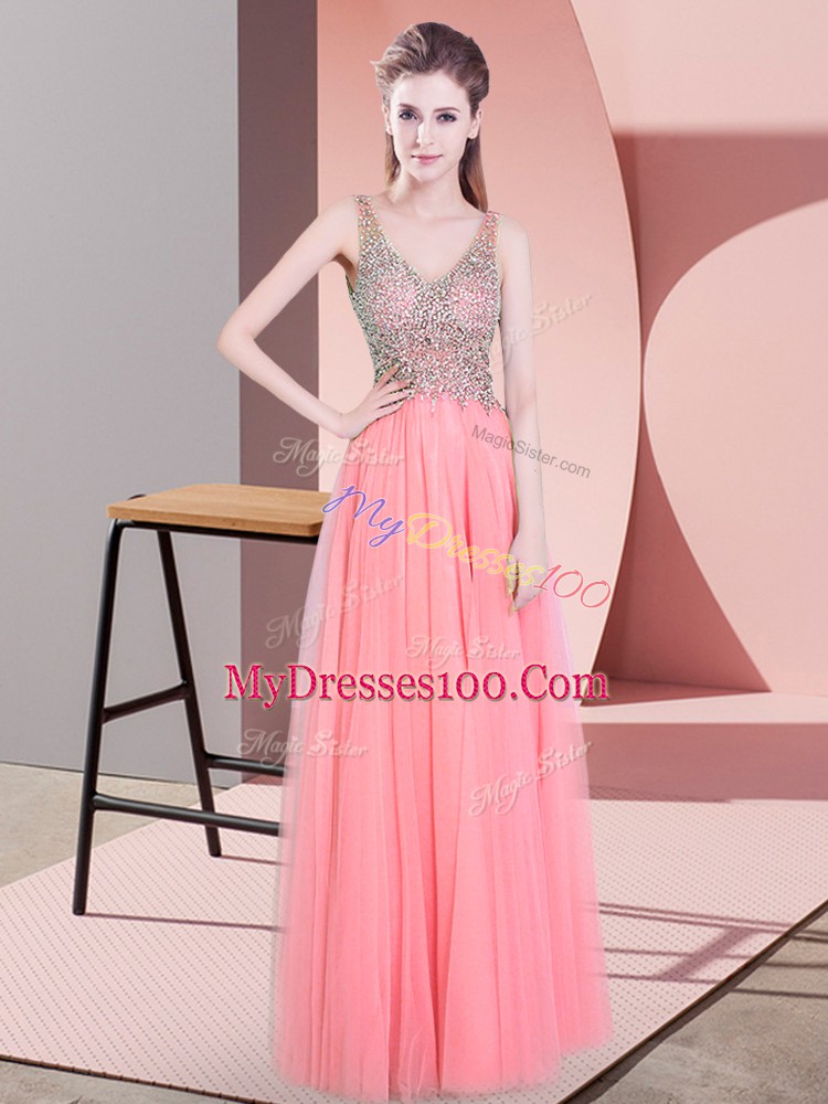Adorable Watermelon Red Tulle Zipper Sleeveless Floor Length Beading