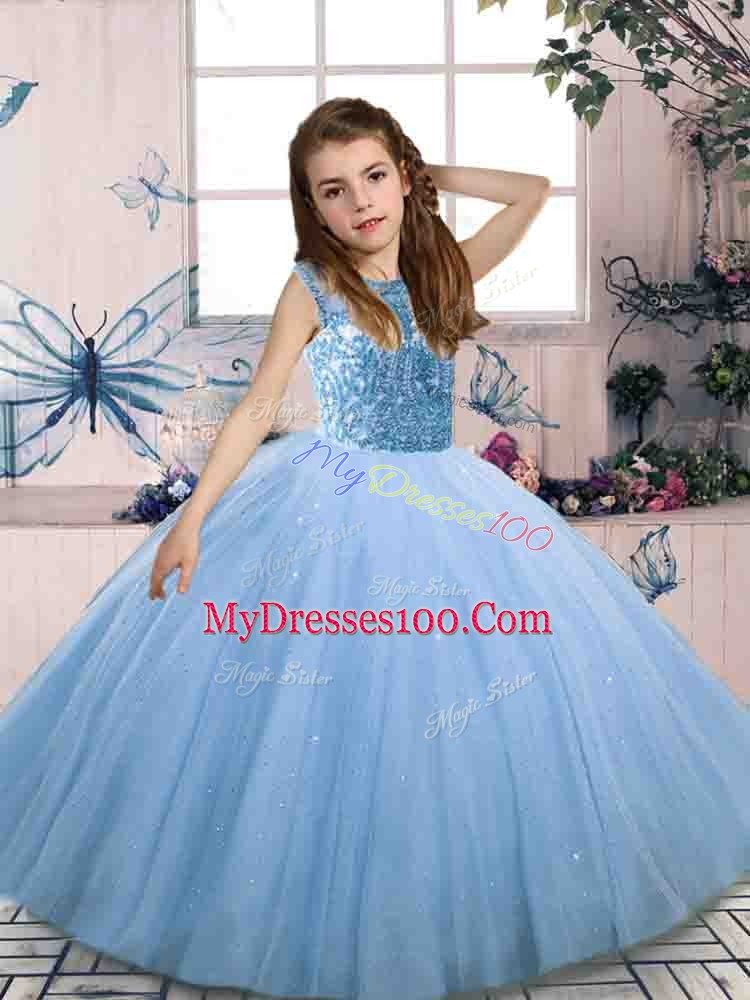 Blue Lace Up Kids Formal Wear Beading Sleeveless Floor Length