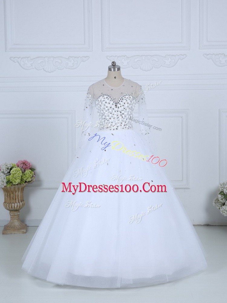 Delicate Floor Length Ball Gowns Long Sleeves White Wedding Dress Lace Up