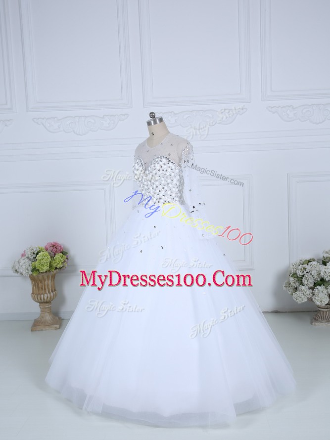 Delicate Floor Length Ball Gowns Long Sleeves White Wedding Dress Lace Up