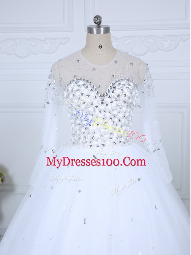 Delicate Floor Length Ball Gowns Long Sleeves White Wedding Dress Lace Up