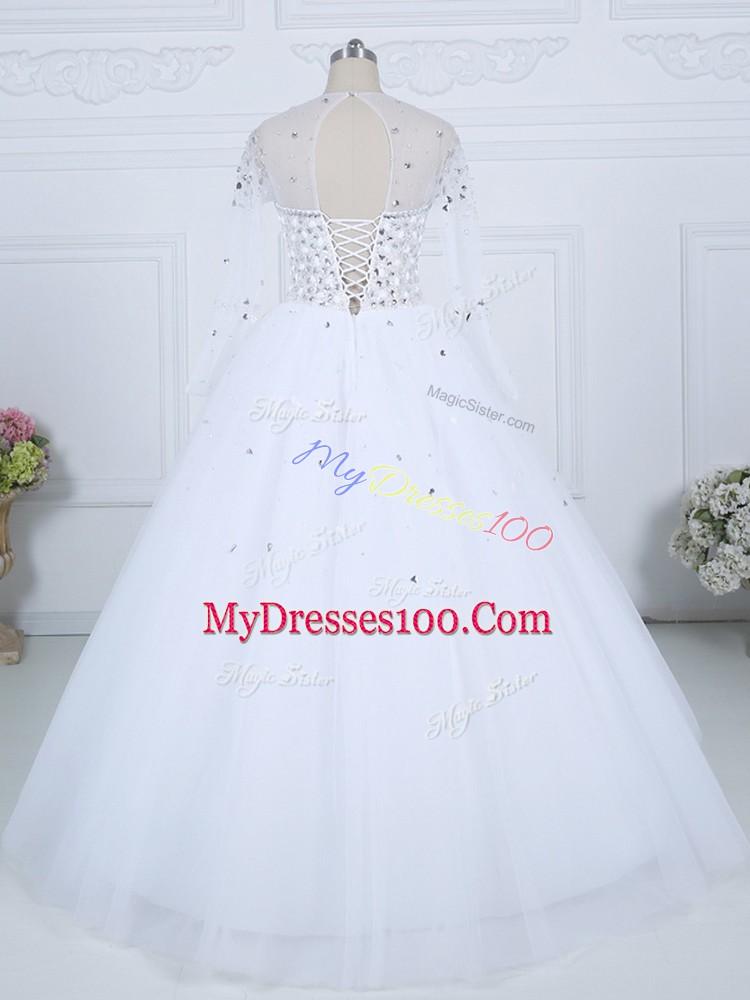 Delicate Floor Length Ball Gowns Long Sleeves White Wedding Dress Lace Up