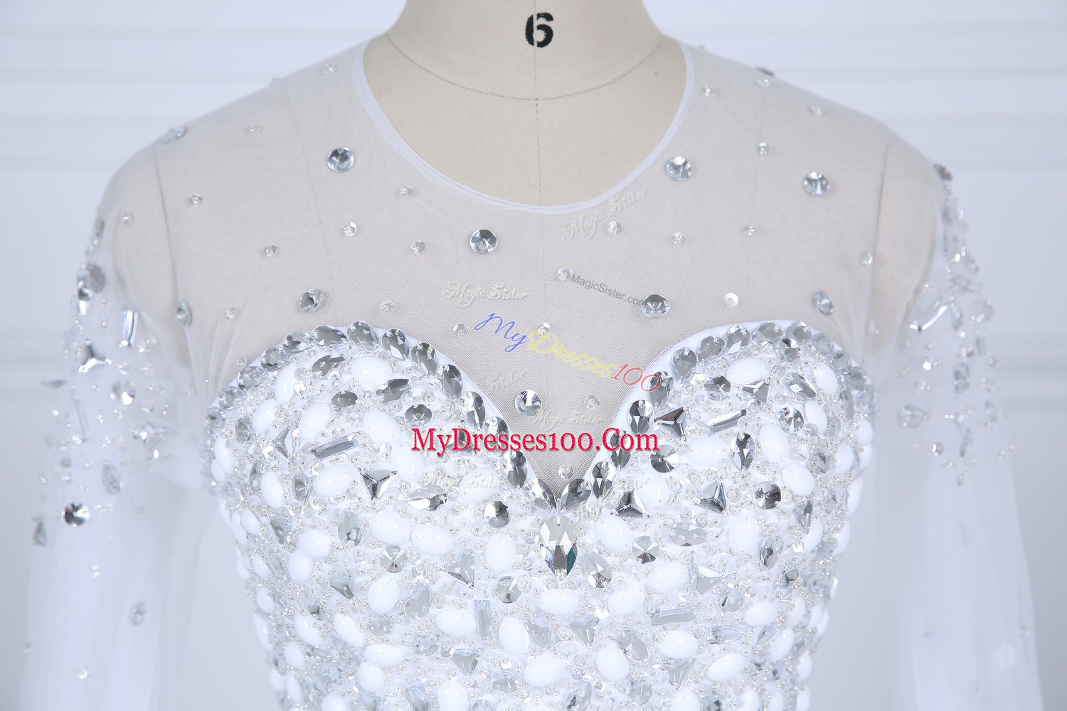 Delicate Floor Length Ball Gowns Long Sleeves White Wedding Dress Lace Up
