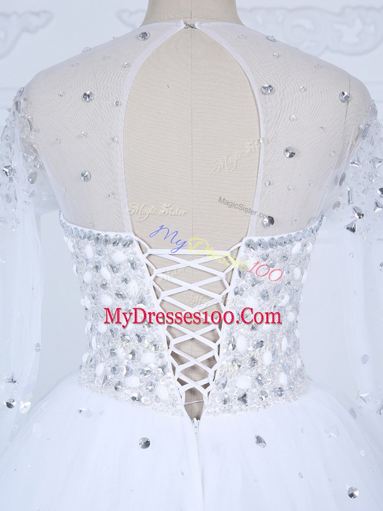 Delicate Floor Length Ball Gowns Long Sleeves White Wedding Dress Lace Up