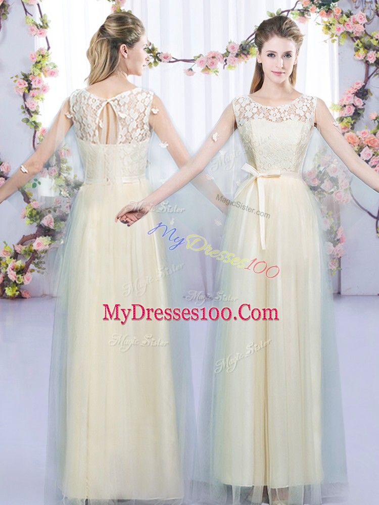 Top Selling Champagne Empire Scoop Sleeveless Tulle Floor Length Lace Up Lace and Bowknot Bridesmaid Dress