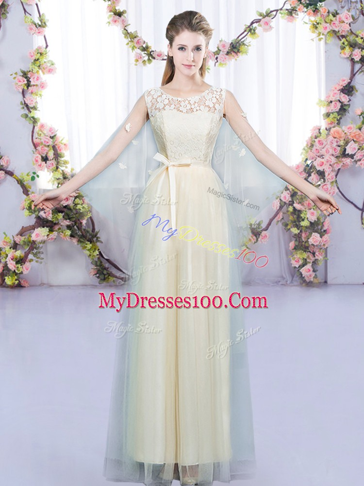 Top Selling Champagne Empire Scoop Sleeveless Tulle Floor Length Lace Up Lace and Bowknot Bridesmaid Dress