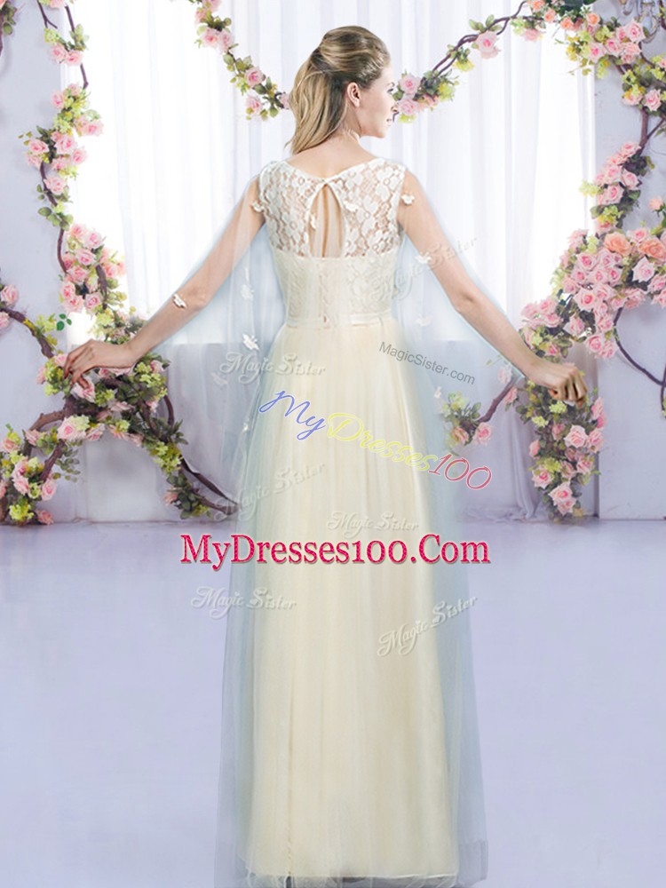 Top Selling Champagne Empire Scoop Sleeveless Tulle Floor Length Lace Up Lace and Bowknot Bridesmaid Dress