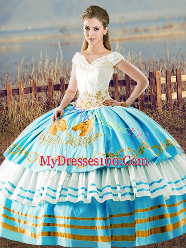 Designer Sleeveless Floor Length Embroidery and Ruffled Layers Lace Up Quinceanera Gowns with Blue And White